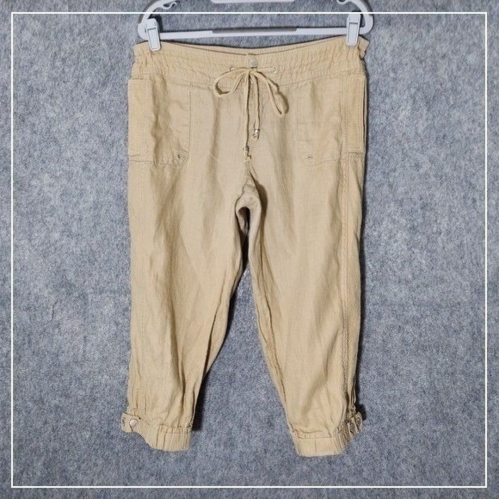 Guess Linen Pants Women 31 Beige Cargo Crop Coastal Resort Beach Pull On‎ Casual